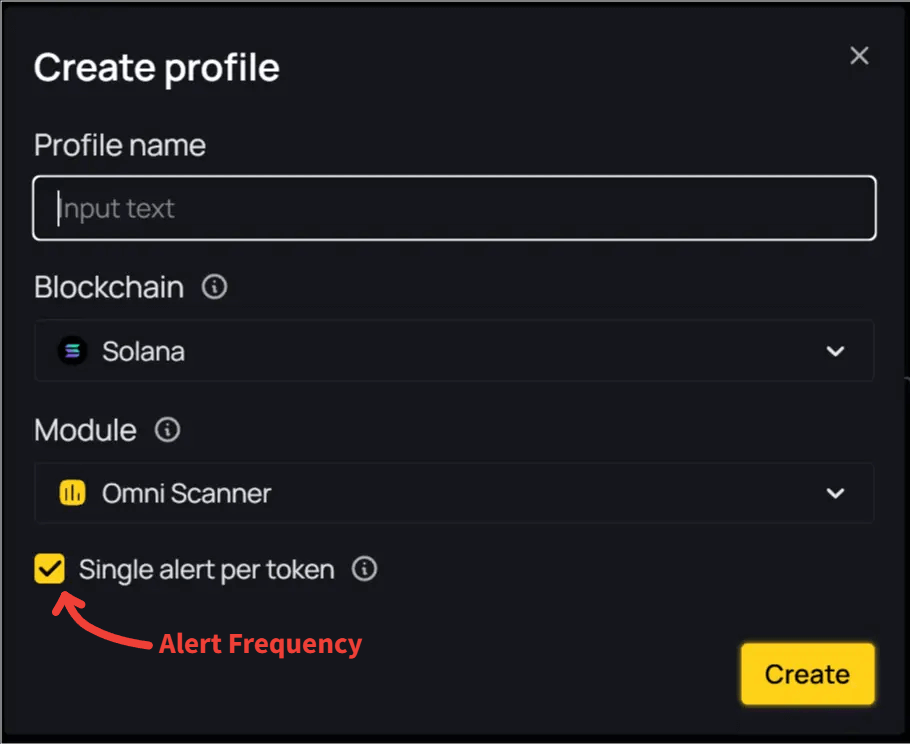 Profile creation form with fields for name, blockchain, module, and alert frequency