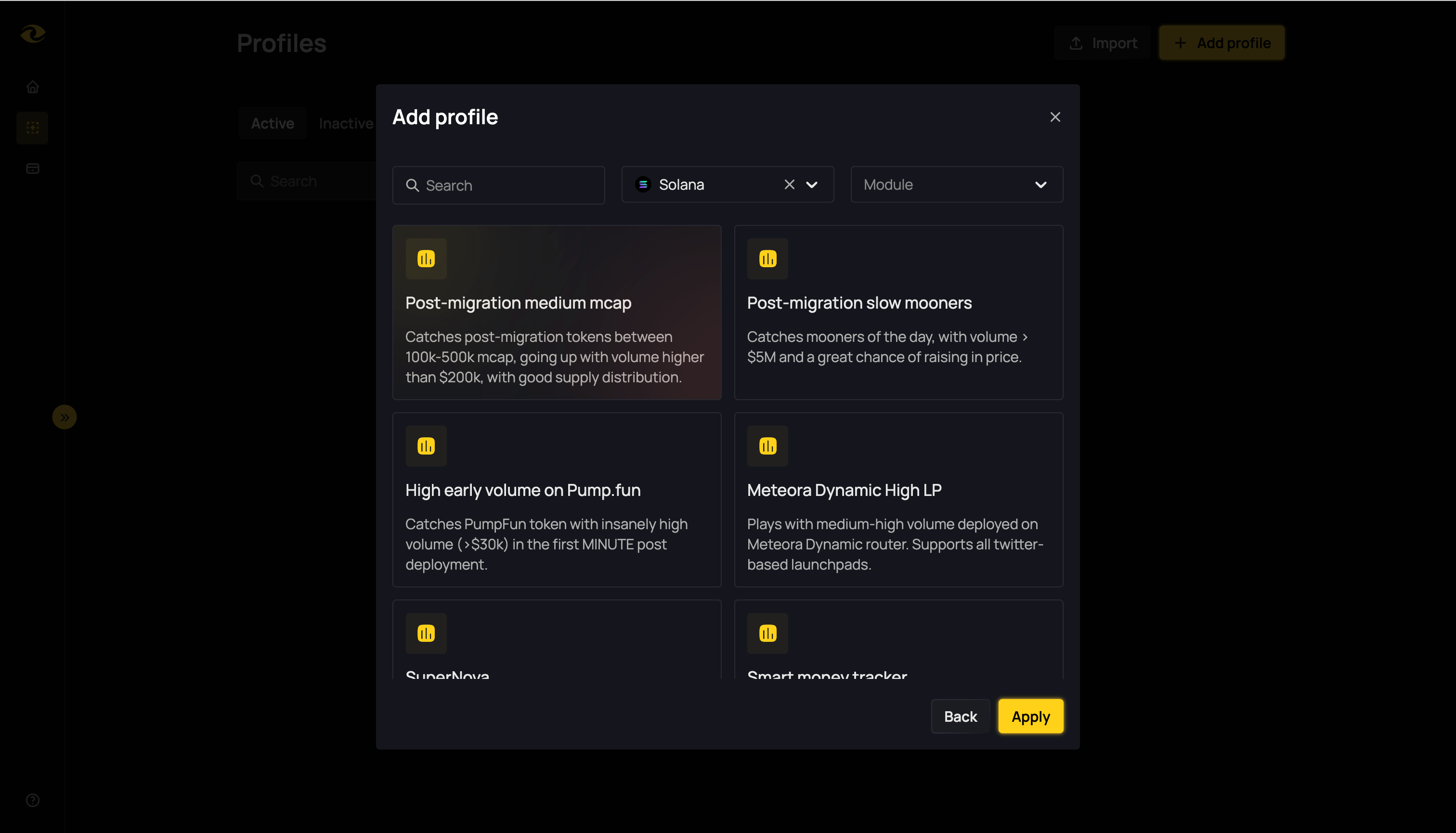 Template selection showing various pre-configured profile options