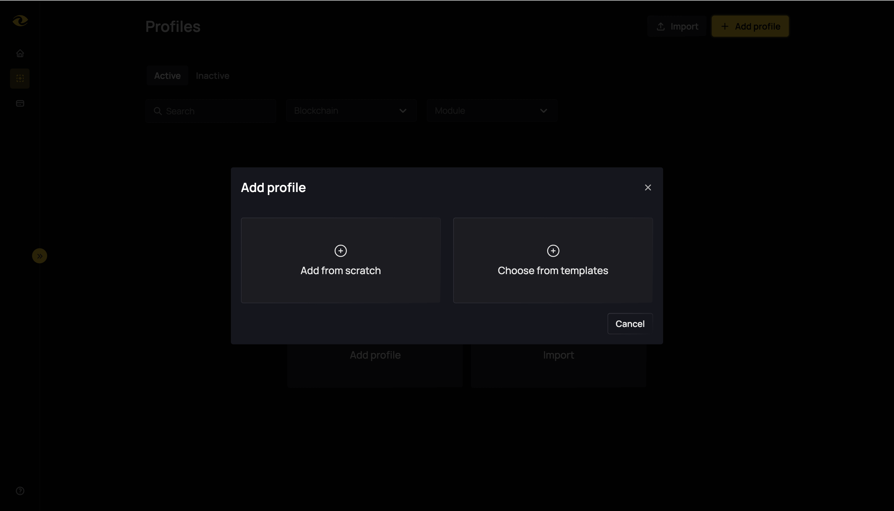 Modal showing options to create profile from scratch or choose from templates