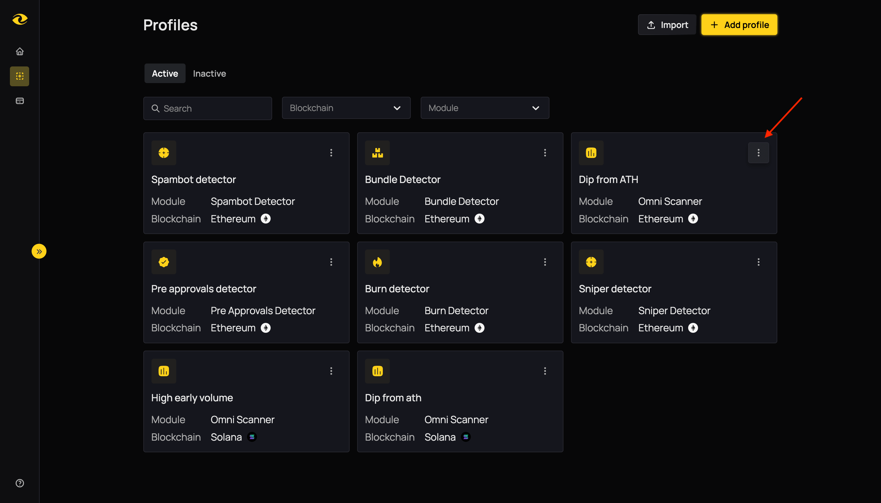 Click the three dots menu on a profile card